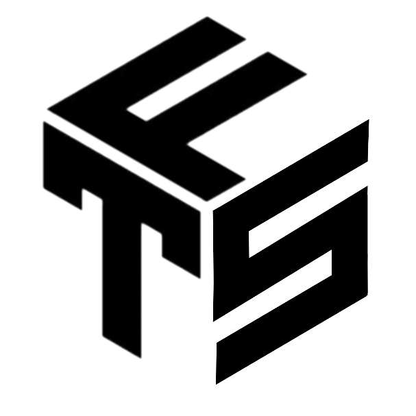 Black geometric logo on a white background